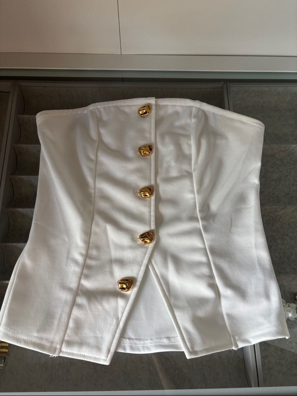 Cider White Strapless Corset Top with Gold Buttons